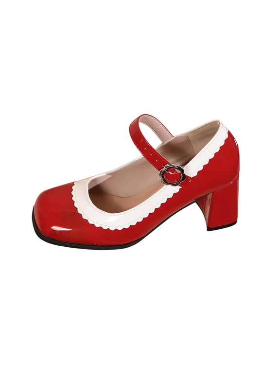 Mary Jane Heels with Arch Support, Closed Square Toe Chunky Pumps for Women, Comfortable Block Heel Dress Shoes Red 6(37)