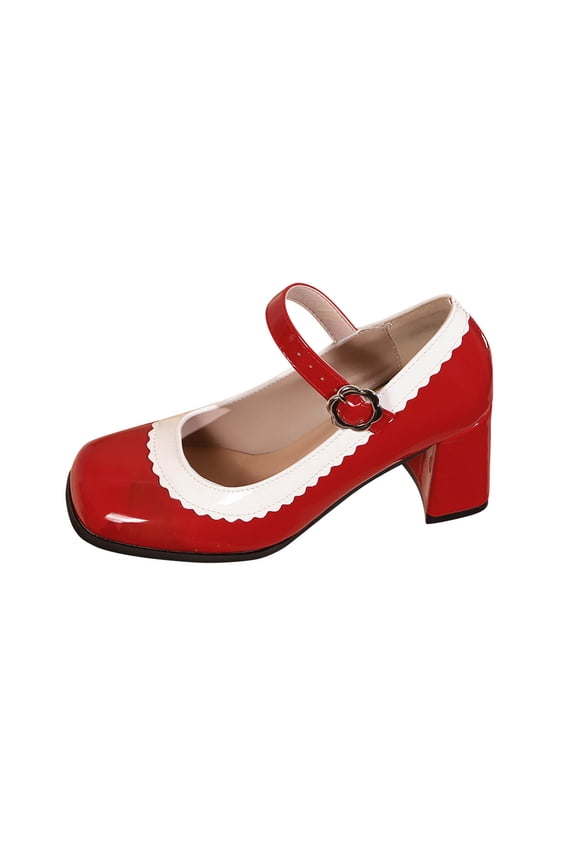 Mary Jane Heels with Arch Support, Closed Square Toe Chunky Pumps for Women, Comfortable Block Heel Dress Shoes Red 7(39)