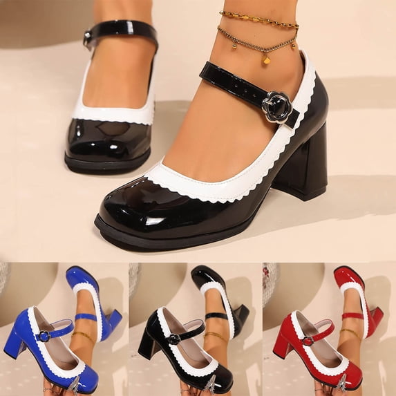 Miluxas Mary Jane Heels with Arch Support, Closed Square Toe Chunky Pumps for Women, Comfortable Block Heel Dress Shoes Red 9.5(43)