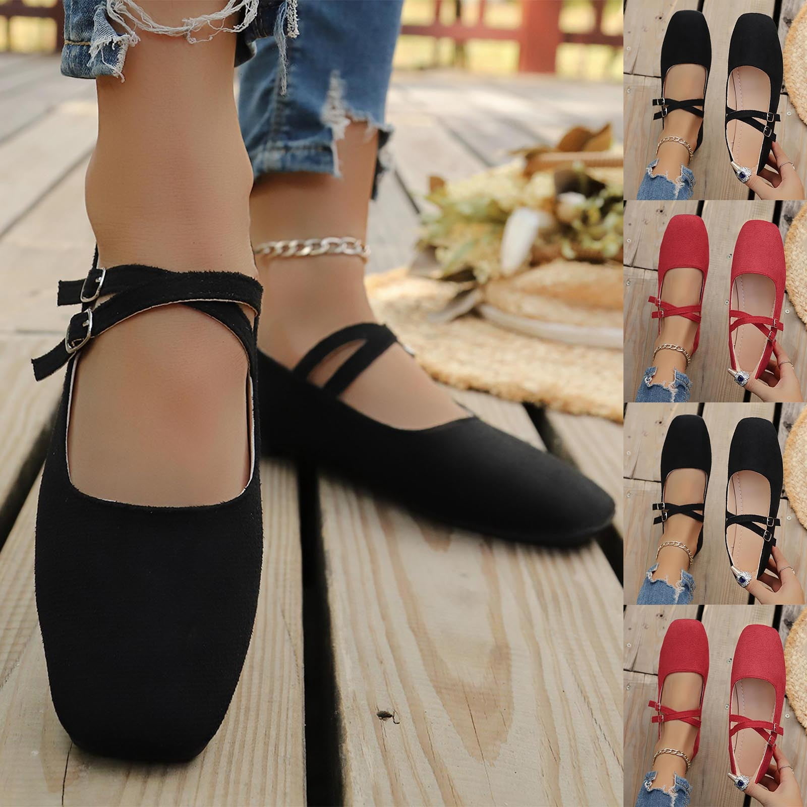 Miluxas Mary Jane Shoes for Women Buckle Strap Ballet Flats Comfortable ...