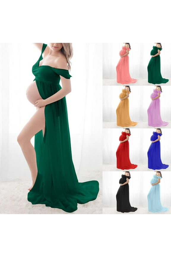 Maternity Dress for Photoshoot off Shoulder Gown Split Front Maxi Pregnancy Dresses for Photography Yellow 10(XL)