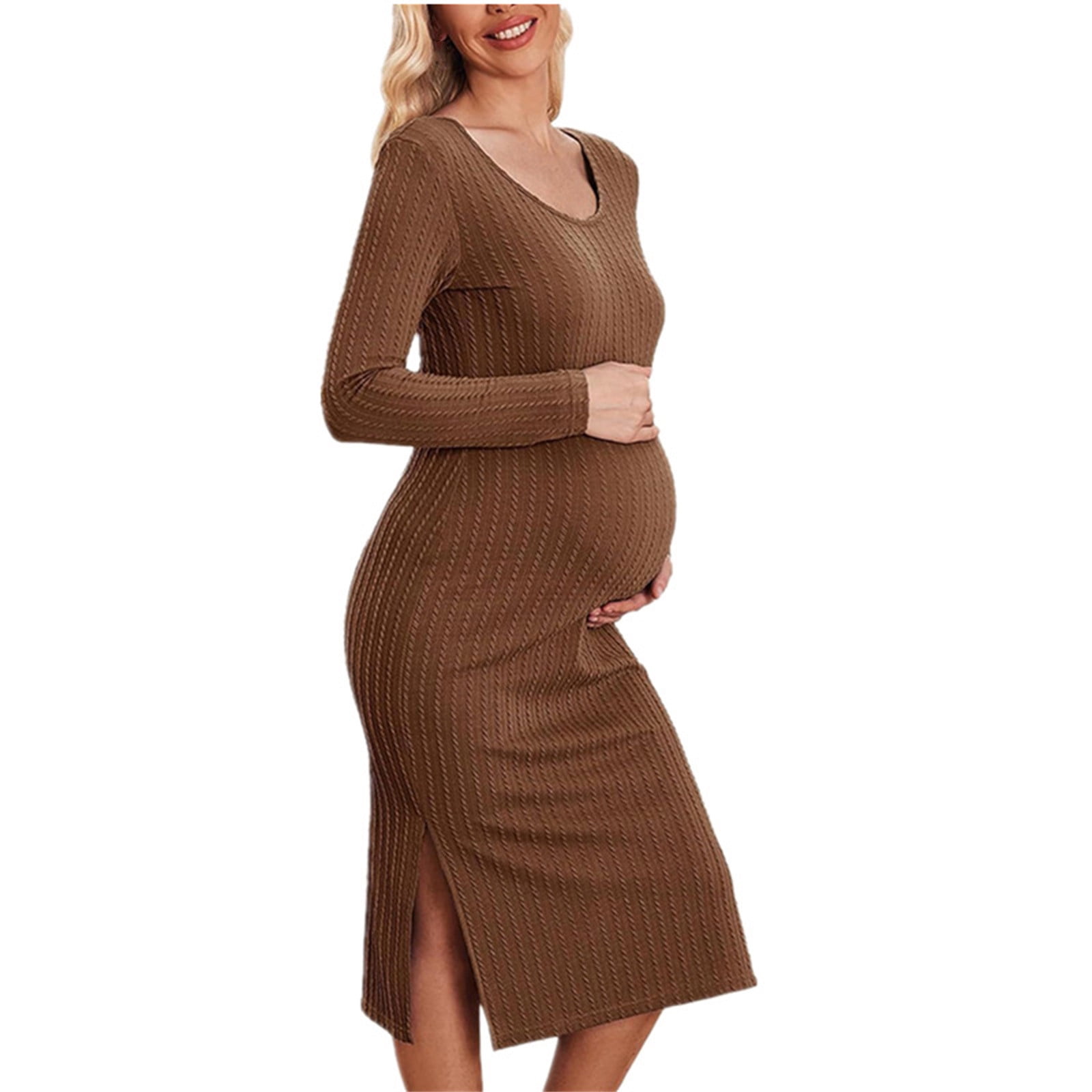 Miluxas Maternity Dress Round Neck Pregnancy Long Sleeve Dress Rib Knit ...