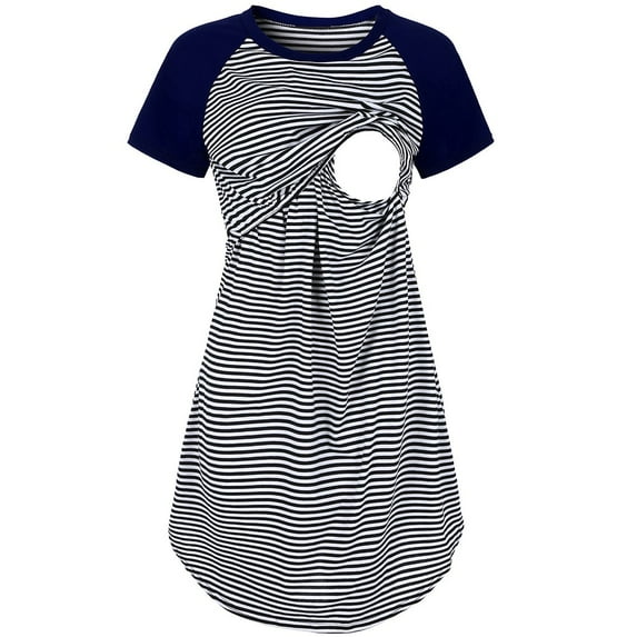 Miluxas Maternity Dress Summer Women's Short Sleeve Striped Nursing Breastfeeding Sleepwear Dress Navy XL(XL)