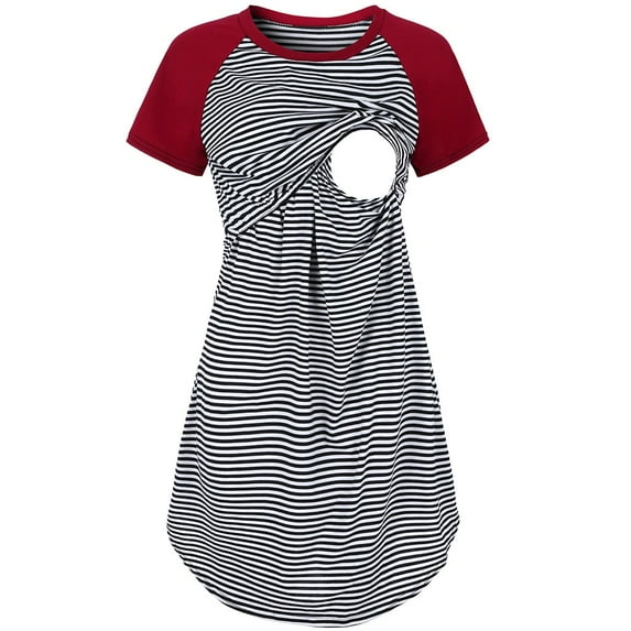 Miluxas Maternity Dress Summer Women's Short Sleeve Striped Nursing Breastfeeding Sleepwear Dress Red L(L)