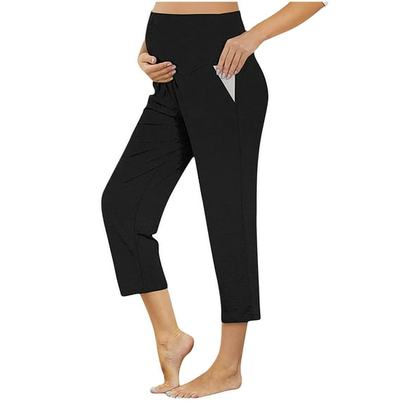 Miluxas Maternity Pants Comfortable Stretch Over-Bump Women Pregnancy Casual Capris for Work Black XL(XL)