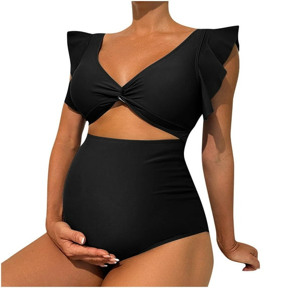Miluxas Maternity Swimsuit High Waist Pregnancy Bikini Sets Twist Cutout Front Two Piece Bathing Suit Swimwear Black 12-14(L)