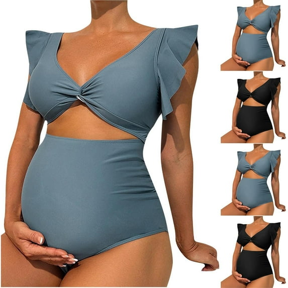 Miluxas Maternity Swimsuit High Waist Pregnancy Bikini Sets Twist Cutout Front Two Piece Bathing Suit Swimwear Blue 16-18(XL)