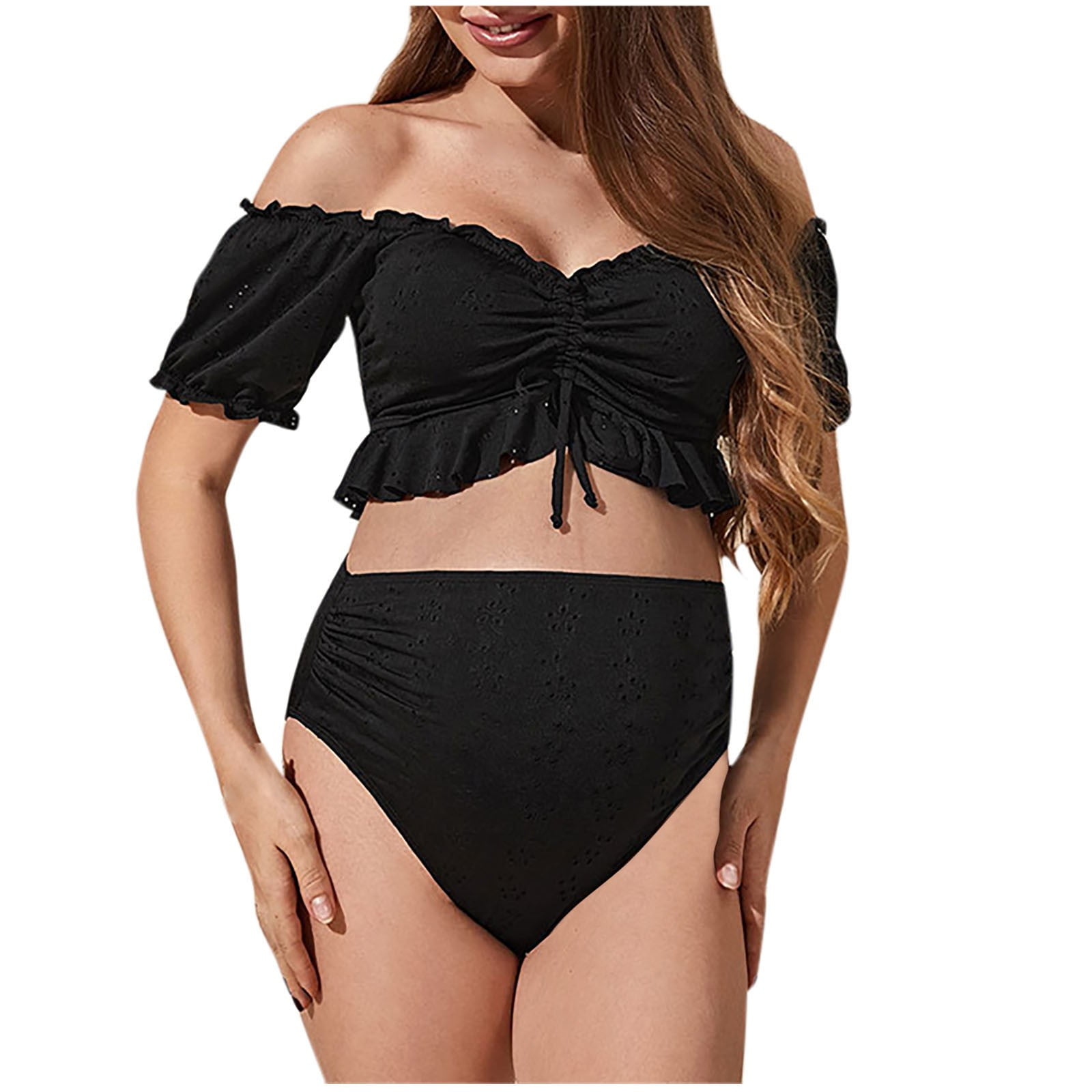 Pink Ribbed Ruffle Shoulder Front Tie High Waist Two-Piece Maternity Swimsuit main image 1