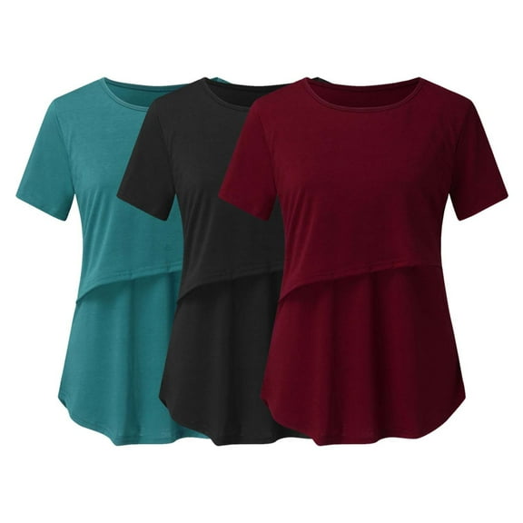 Miluxas Maternity Tops Short Sleeve Scoop Neck Breastfeeding Shirt Pregnancy Clothes Sales Wine 10(XL)