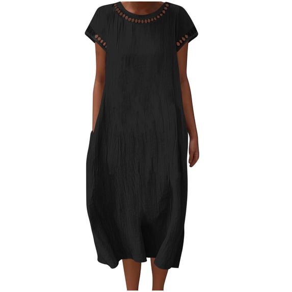 Miluxas Maxi Dress for Women Casual Summer Linen Short Sleeve V Neck Baggy Dress Plus Size Solid Flowy Beach Long Dresses Black XL(XL)