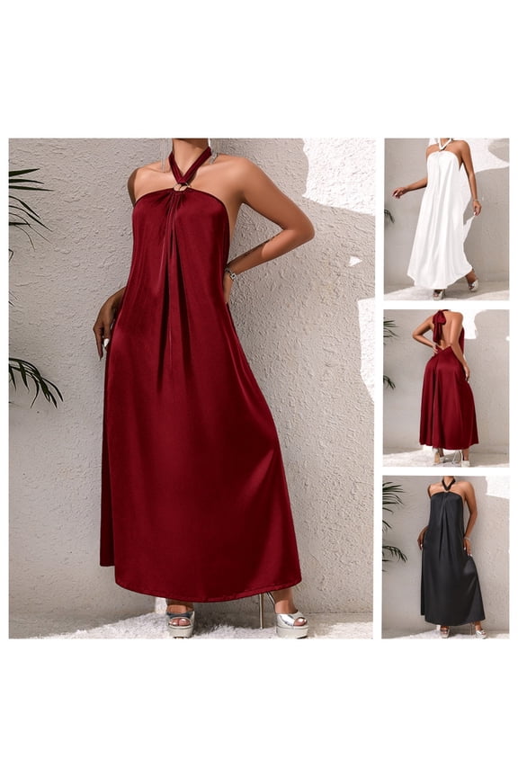 Maxi Dresses for Summer Womens Sleeveless Solid Thigh Halter Backless Long Dress White S(S)