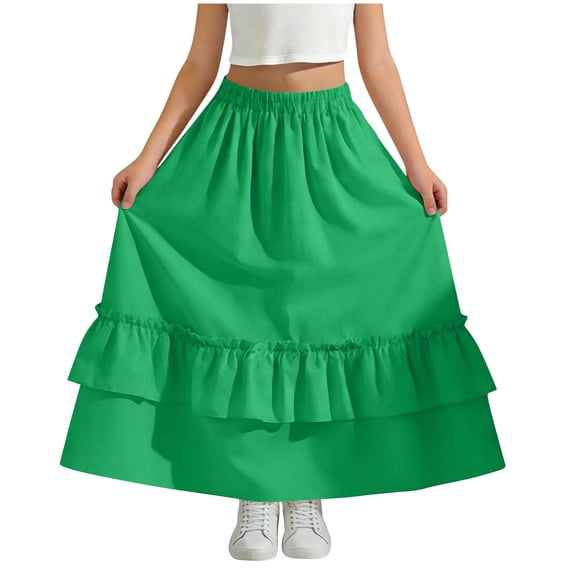 Miluxas Maxi Skirt for Girl Casual High Waisted Elastic Flowy Tiered Boho Long Skirts Summer Beach Vacation Clothes Green 8-9 Years