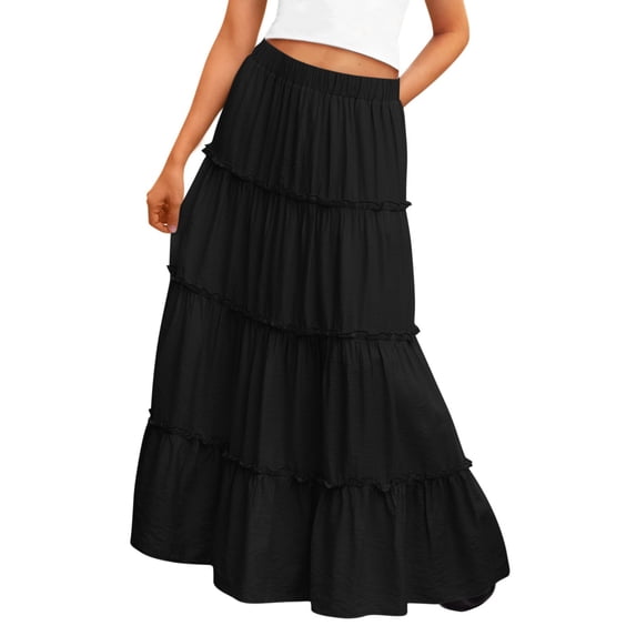 Miluxas Maxi Skirts for Girl Solid Color Long Skirts for Girl Summer High Waist Ruffled Hem Flowy Skirt Black 10-11Years
