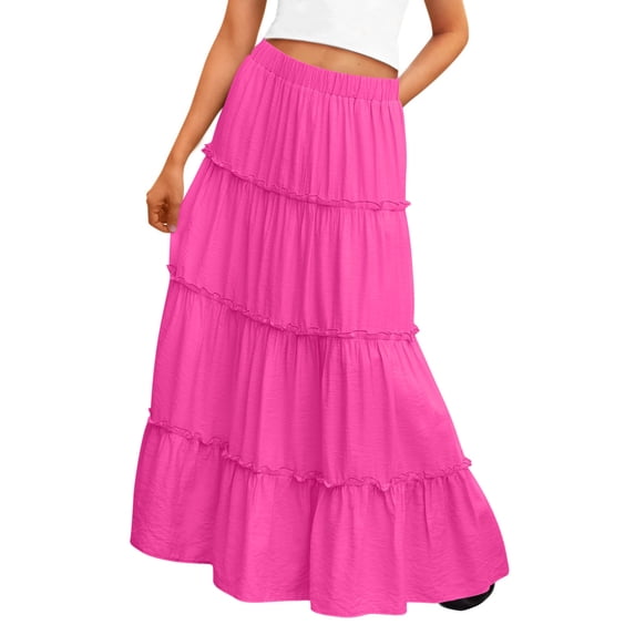 Miluxas Maxi Skirts for Girl Solid Color Long Skirts for Girl Summer High Waist Ruffled Hem Flowy Skirt Hot Pink 4-5Years