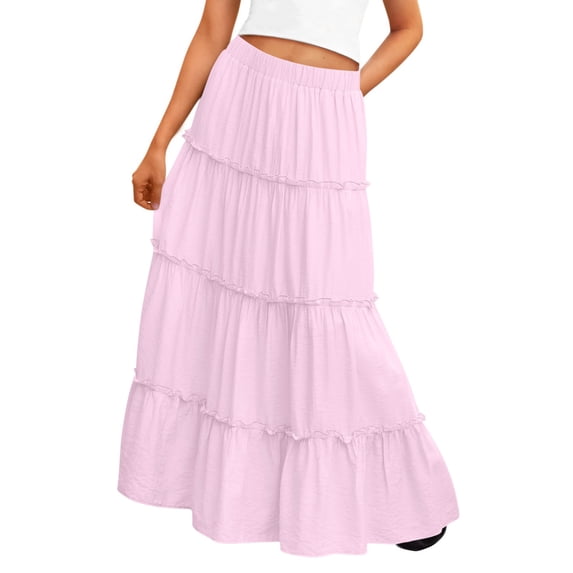 Miluxas Maxi Skirts for Girl Solid Color Long Skirts for Girl Summer High Waist Ruffled Hem Flowy Skirt Pink 6-7Years