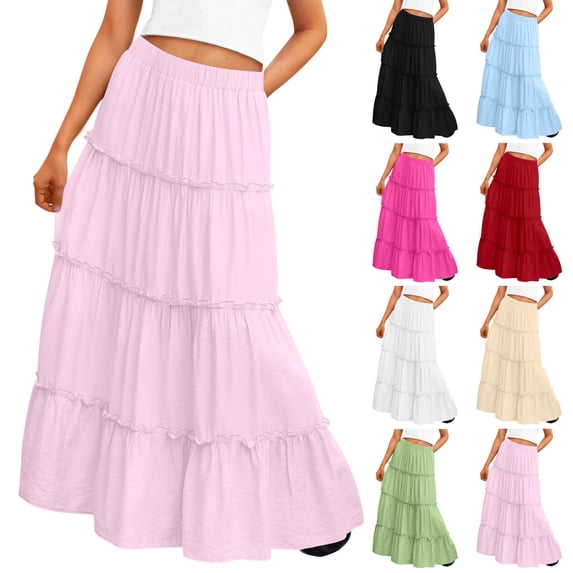 Miluxas Maxi Skirts for Girl Solid Color Long Skirts for Girl Summer High Waist Ruffled Hem Flowy Skirt White 14-15Years