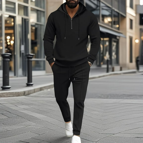Miluxas Men 2 Piece Outfit Casual Sports Sweatsuits Zip Hoodie Men's Jogging Tracksuit Set Black S(S)