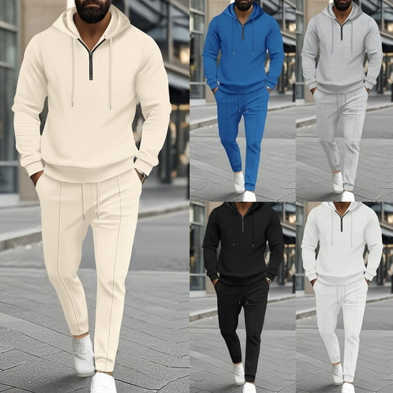 Miluxas Men 2 Piece Outfit Casual Sports Sweatsuits Zip Hoodie Men's Jogging Tracksuit Set White XL(XL)