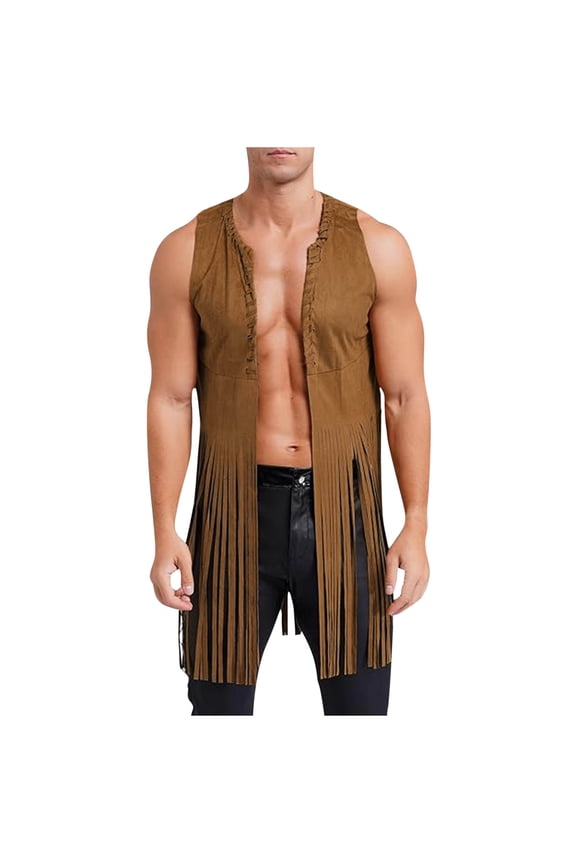 Men 70s Hippie Fringe Vest Western Faux Suede Long Tassel Cardigan Jacket Coat Beach Boho Vest Top Khaki