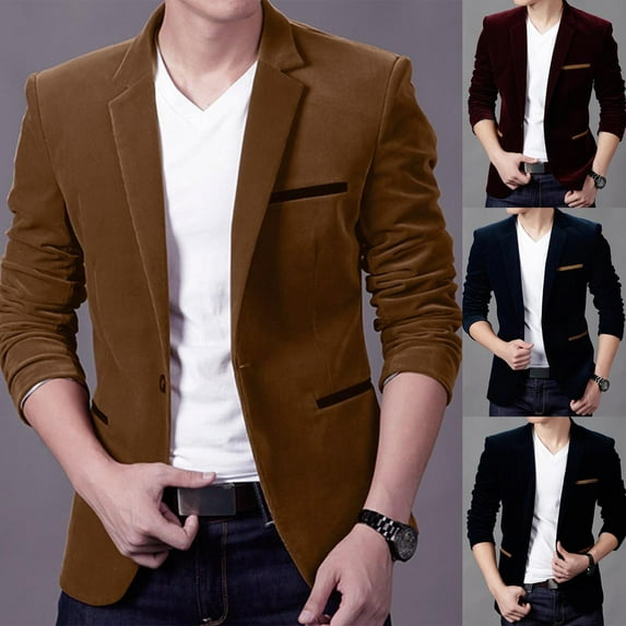 Miluxas Men Blazer Jacket formal Corduroy Casual Slim Suit Blazer Coat Jacket Wine 16-18(XL)