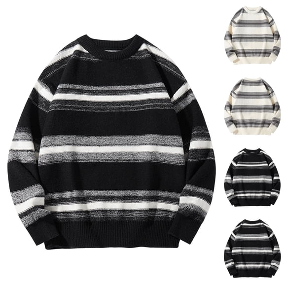 Miluxas Men Casual Long Sleeve Striped Sweaters Oversized Knit Pullover Autumn Winter Fashion Sweater Jumpers Tops Black