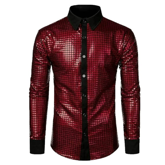 Miluxas Men Casual Patchwork Button Long Sleeve Turn-down Collar Blouse Shirt Wine
