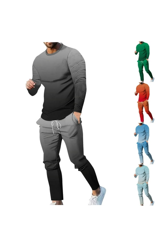 Men Casual Round Neck Gradation Printing Long Sleeve Blouse and Pants Trousers Suit Orange