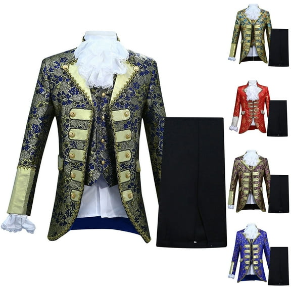 Miluxas Men Court Embroidery Suits 3 Piece Casual Dress Suit Gold Prince Print Blazer Set Stylish Blazer & Vest & Pants Red
