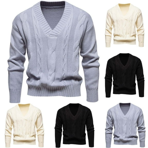 Miluxas Men Fall and Winter British Fashion Solid Color Pullover V-Neck Slim Knit Sweater Gray