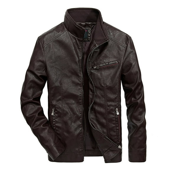 Miluxas Men Faux Leather Zip Up Jacket Stand Collar Leather Motorcycle Jacket Lightweight Bomber Outwear PU Coat with Pockets Coffee