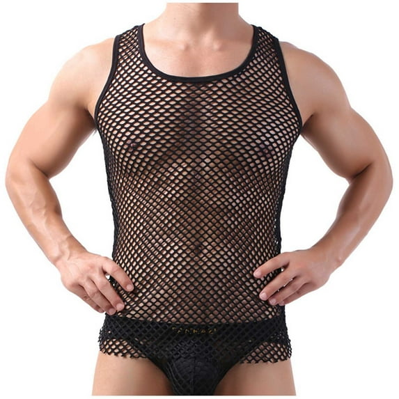 Miluxas Men Fishnet Tank Top Sheer Transparent Mesh Undershirt Fitted Muscle Gym Shirt Vest Black 8(L)