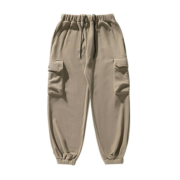 Miluxas Men Fleece Fashion Thick Solid Casual Elastic Waist Pocket Cargo Pants Khaki