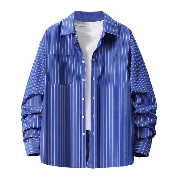 Miluxas Men Lapel Striped Fashion Shirt Casual Thin Striped Loose Vintage Button Down Top Pinstripe Long Sleeve Shirt Dark Blue 14(XXXL)