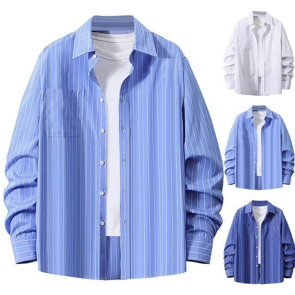 Miluxas Men Lapel Striped Fashion Shirt Casual Thin Striped Loose Vintage Button Down Top Pinstripe Long Sleeve Shirt White 10(XL)