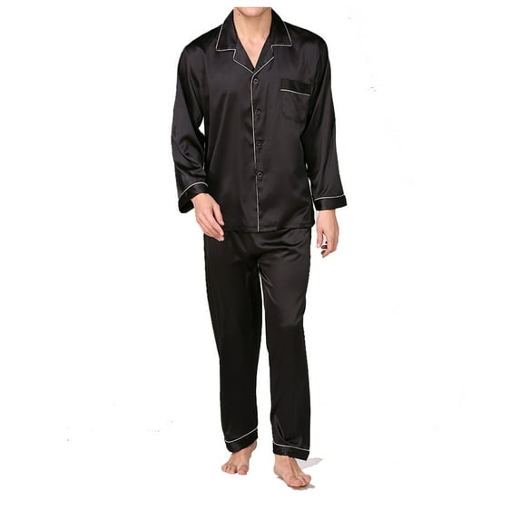 Miluxas Men Pajamas Set 2 Piece Pjs Soft Satin Sleepwear Lapel Collar Button Down Pajamas Tops Loungewear and Long Pants Black