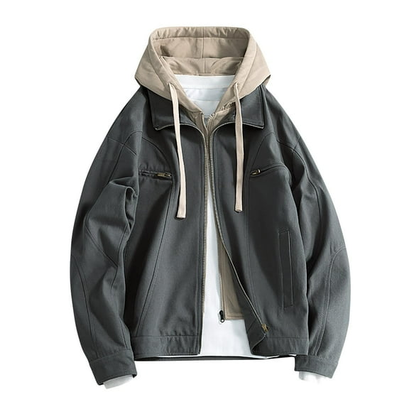 Miluxas Men Patchwork Drawstring Hooded Jacket Classic Zipper Button Long Sleeve Coat Gray