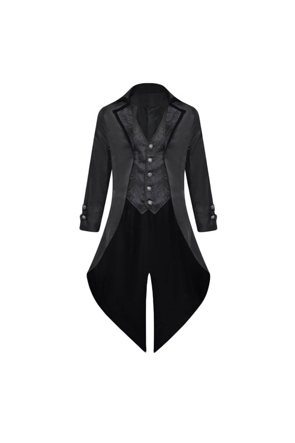 Men Patchwork Turn-down Collar Long-sleeved Costume Cosplay Swallow-tailed Coat Black
