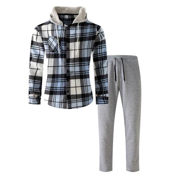 Miluxas Men Plaid Hoodie Shirts Long Sleeve Casual Button Down Shirt Loose Comfy Fall Fashion Tops with Pocket Y2k Streetwear & Joggers Sweatpants Sweatsuit Set Sky Blue
