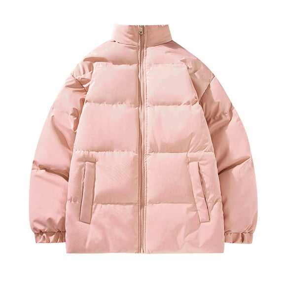 Miluxas Men Puffer Jackets Thicken Bubble Jacket Warm Stand Collar Color Block Coat Long Sleeve Zip Up Puff Jacket Outwear Pink