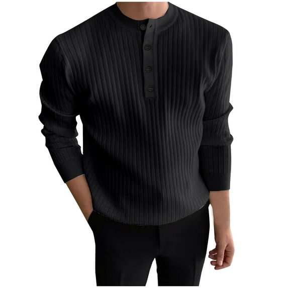 Miluxas Men Quarter Button Sweater Pullover Cable Knit Henley Mock Neck Sweater Black 6(M)