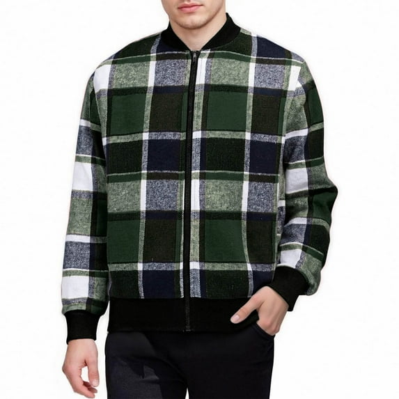 Miluxas Men Retro Plaid Jacket Trendy Fall Casual Zipper Trench Coat Winter Clothing with Pockets Green XXL(XXL)