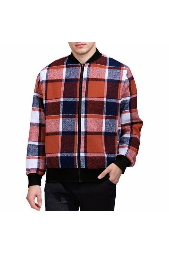 Men Retro Plaid Jacket Trendy Fall Casual Zipper Trench Coat Winter Clothing with Pockets Orange XXXL(XXXL)