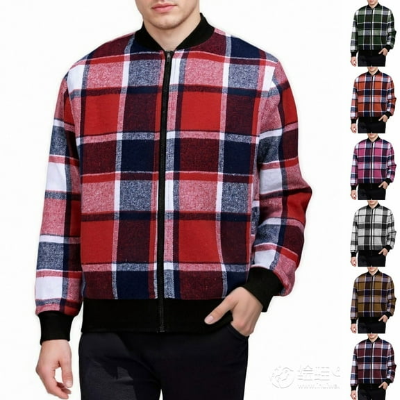 Miluxas Men Retro Plaid Jacket Trendy Fall Casual Zipper Trench Coat Winter Clothing with Pockets Red XL(XL)