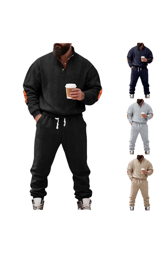 Men Sport Set Stand Collar Button Down Long Sleeve Elbow Patch Sweatshirt Pant Sport Set Fashion Workout Jogging Suit Navy