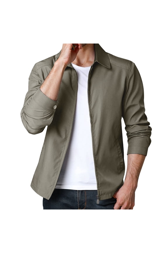 Men Spring Casual Jacket Fashion Solid Turn Down Collar Lightweight Coat Mid-Aged Zipper Business Jacket Khaki