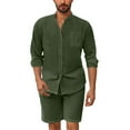 thumbnail image 1 of Miluxas Men Summer Outfits 2 Piece Sets Casual Solid Long Sleeve Turndown Collar Linen Shirts Set Pants Shorts Suit Army Green, 1 of 5