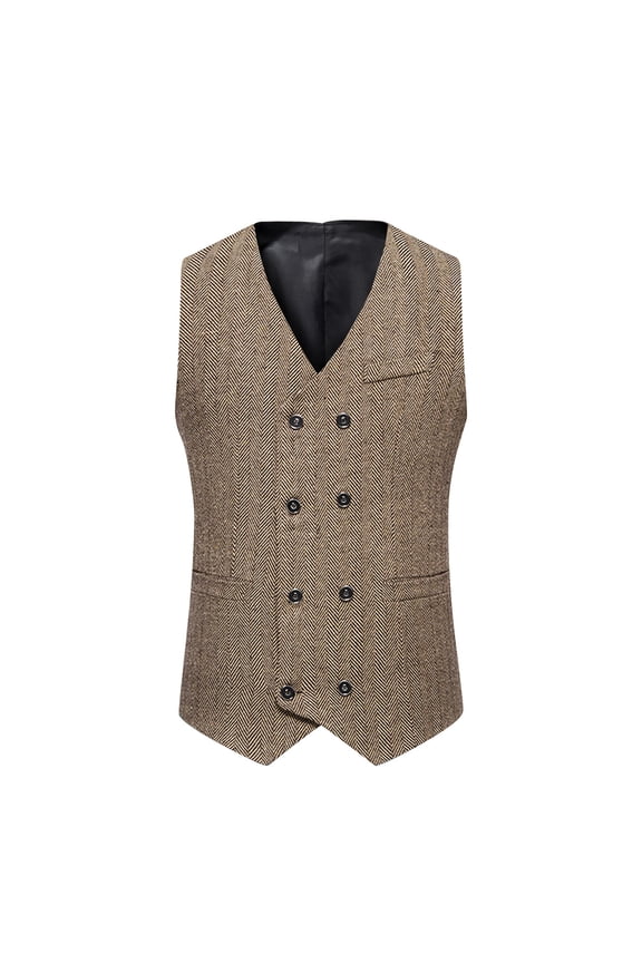 Men Vests Wool Herringbone Tweed Suit Vest Double Breasted Waistcoat Coffee