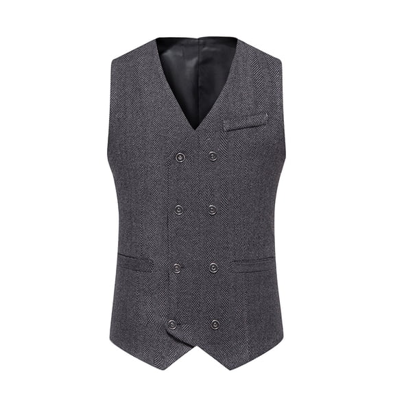 Miluxas Men Vests Wool Herringbone Tweed Suit Vest Double Breasted Waistcoat Dark Gray