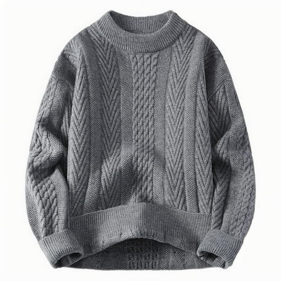 Miluxas Men Vintage Twist Sweater Round Neck Solid Color Male Fit Knitted Pullover Loose Harajuku Sweaters Dark Gray