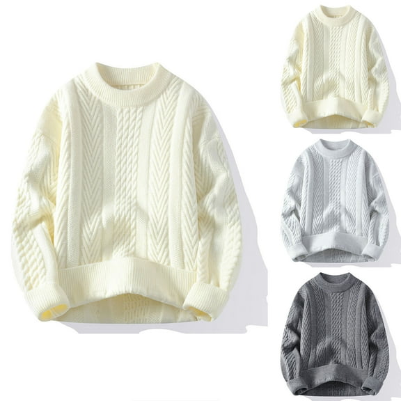 Miluxas Men Vintage Twist Sweater Round Neck Solid Color Male Fit Knitted Pullover Loose Harajuku Sweaters Gray